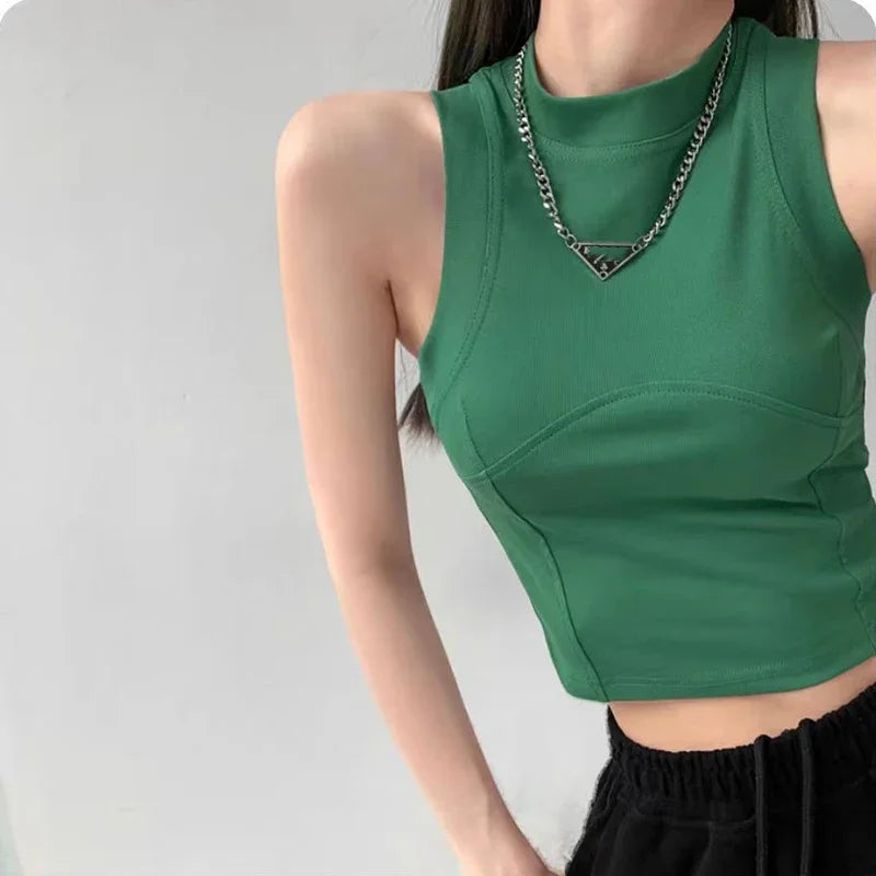 ITOOLIN Women O-neck Sports Crop Tops Solid Cotton Elastic Slim Tank Tops Sleeveless Casual Tank Tops Women Tops Spring Summer