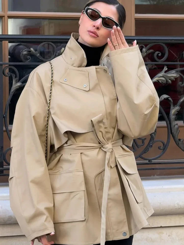 Single Breasted Khaki Belt Trench Coat Women Elegant Lapel Long Sleve Pockets Windbreaker Jacket Autumn Lady Daily Street Jacket