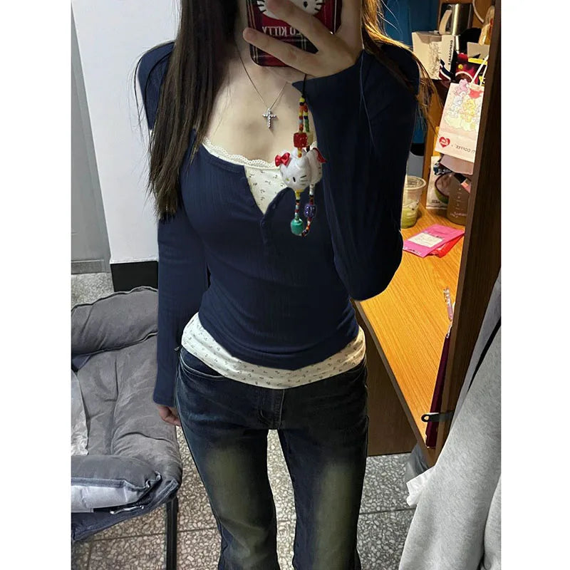 Xpqbb Women Streetwear Fake Two Pieces T-shirt Y2k Aesthetic Grunge Patchwork Lace Tees Female Fall Winter Slim Bottoming Tops