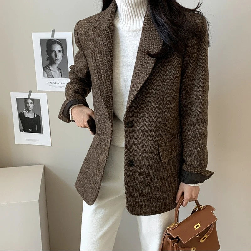 Retro Lapel Women's Blazer Spring Autumn Herringbone Woolen Long-Sleeved Suit Two-Button Loose Fit Coat for Women