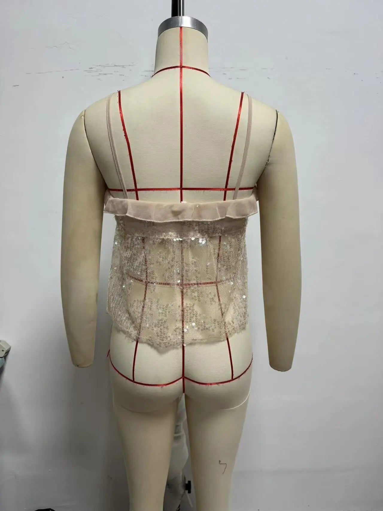 2025 Women Chic Pleat Ruffles Sequined Design Chiffon Sling Camis Tank Top Lady Backless Short Crop Shirt Blouse Tops Clothes