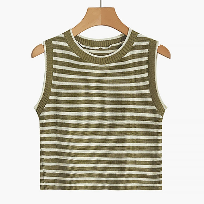ITOOLIN Women Knitted Stripes O-Neck Tank Tops Female Sleeveless Casual Streetwear Crop Top Women Tops Spring Summer