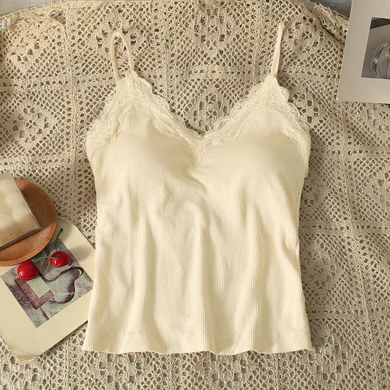 ITOOLIN Summer Women Solid Backless Tank Top With Bra Pad Lace Patchwork Spaghetti Sexy Crop Top Sweet Backless Cotton Camis Top