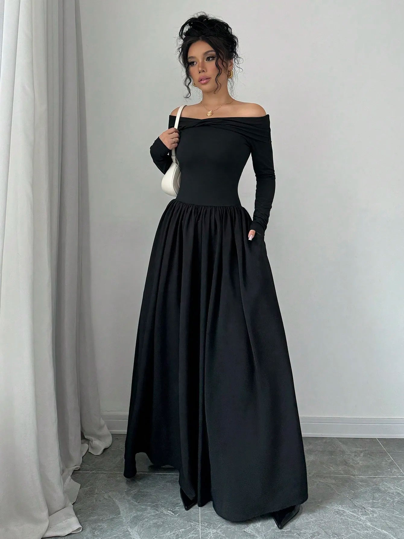 Black Off-Shoulder Long Sleeve A-Line Maxi Dress with Front Twist and Pockets