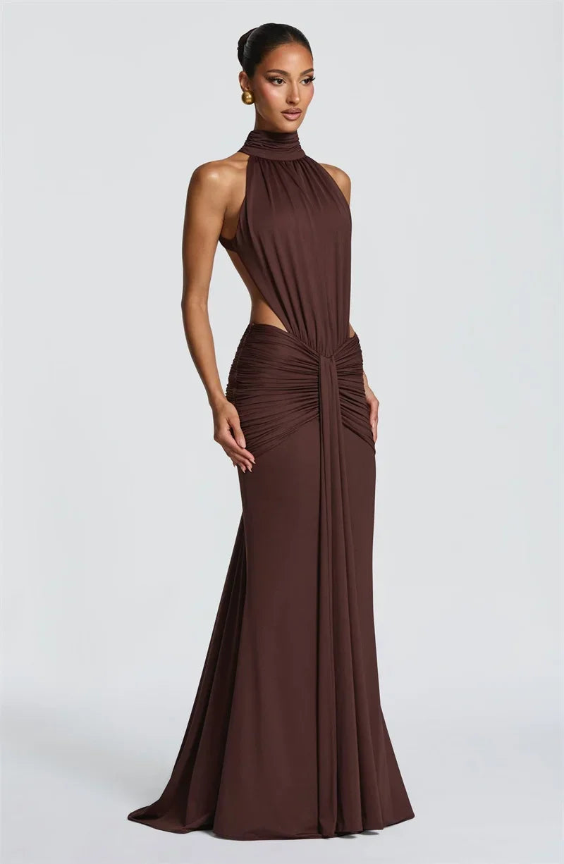 Turtleneck Backless Maxi Dress Women Gown Off-shoulder Sleeveless Ruched Bodycon Sexy Dress Female Pleated Club Party Long Dress