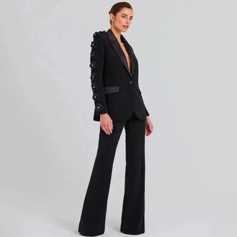 New Fashion High-End Suit Decorated with Flowers Women's Party Dress Long Pants Two-Piece Set