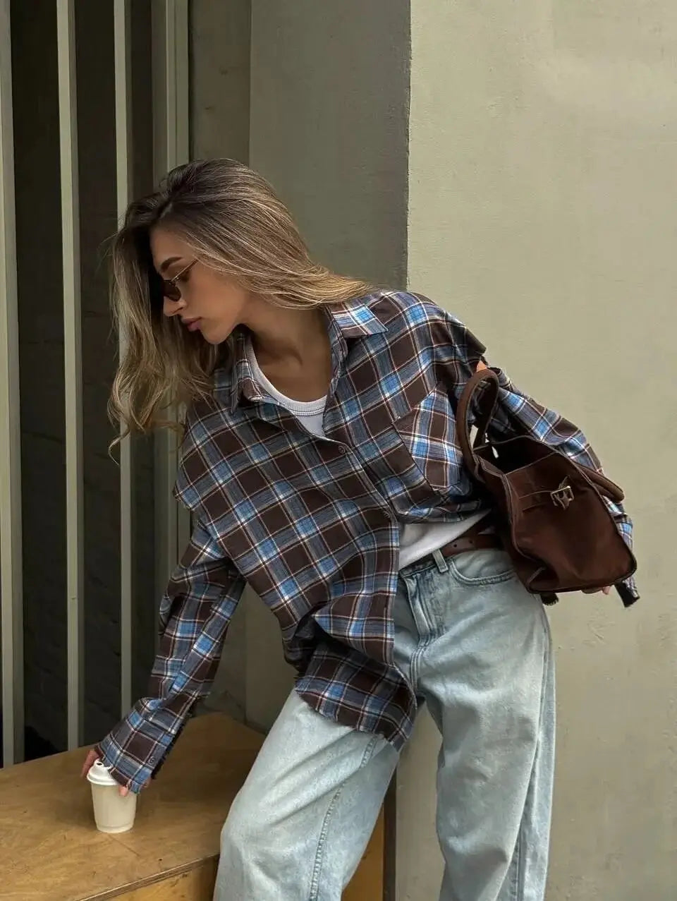 Fashion Checkered Pattern Shirt Women Elegant Lapel Long Sleeve Single Breasted Pocket Loose Tops 2026 New Chic Outerwear Shirt