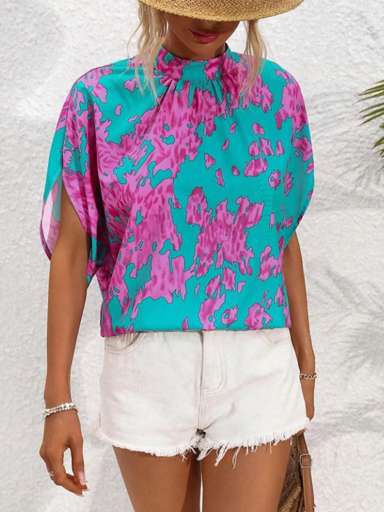 Spring Summer Women's Random Print Stand Collar Batwing Sleeve Short Sleeve Shirt Casual Chic Top for Ladies
