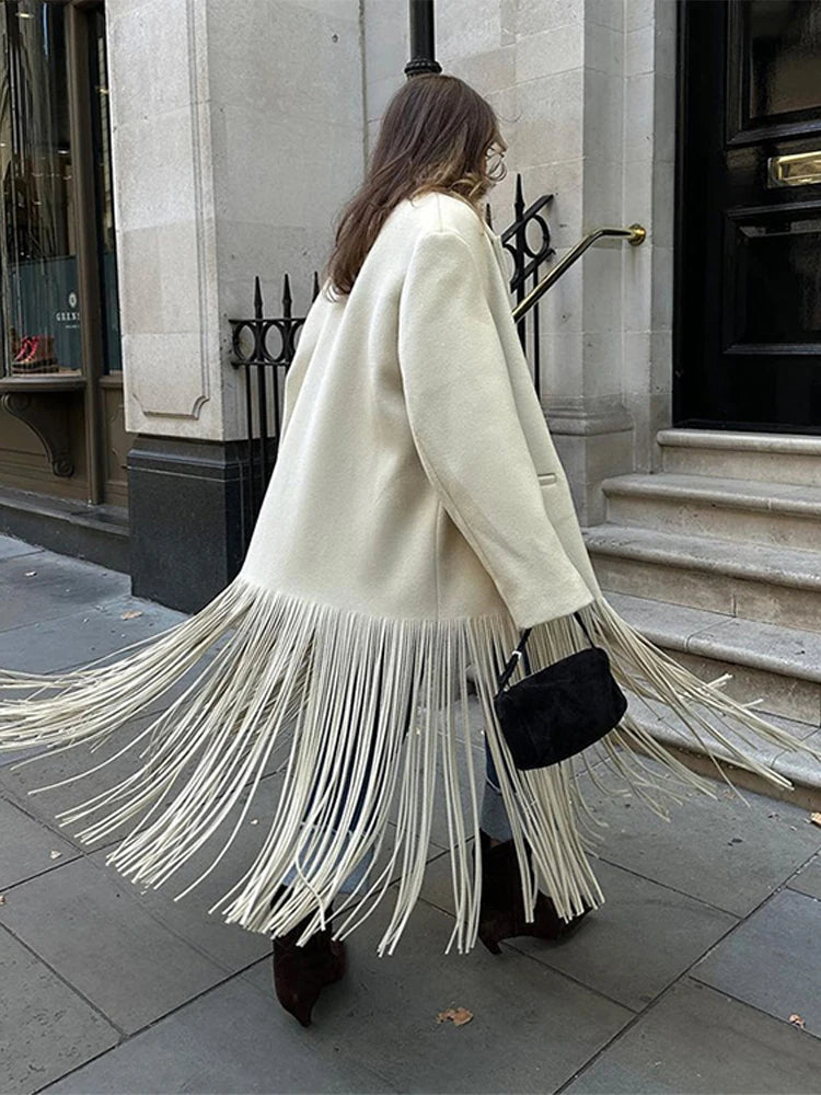 Vintage Tassel Solid Suit Trench Women Casual Lapel Single Button Long Tassels Jackets Coat Female Winter Chic Design Outwear