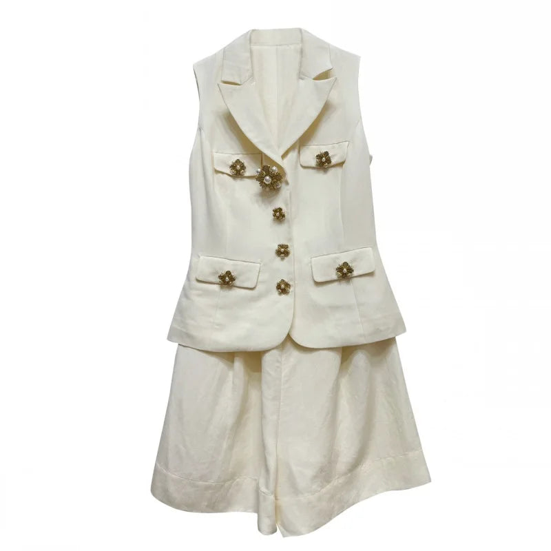 Summer Holiday Two Piece Shorts Sets Women Sleeveless Jacket Wide Legs Shorts Pants Suits Pearl Flower Button Blazer Office Lady