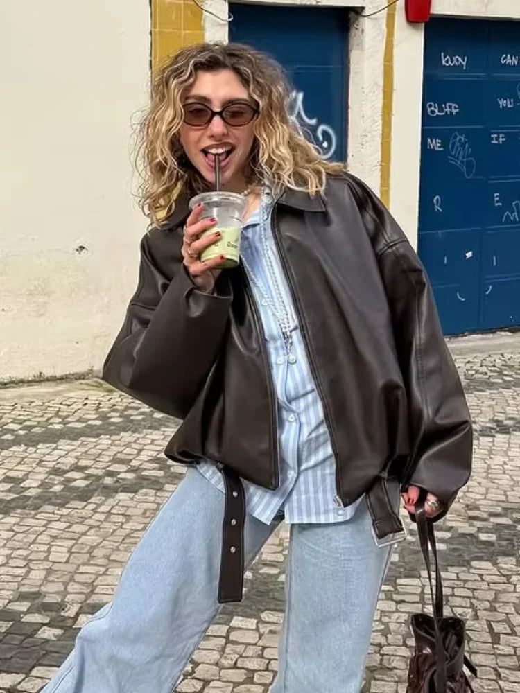 Casual Lapel Zipper Waist Belt Short Leather Jacket 2026 Women Loose Solid Pocket Pu Coat Autumn Lady Daily Highstreet Jackets