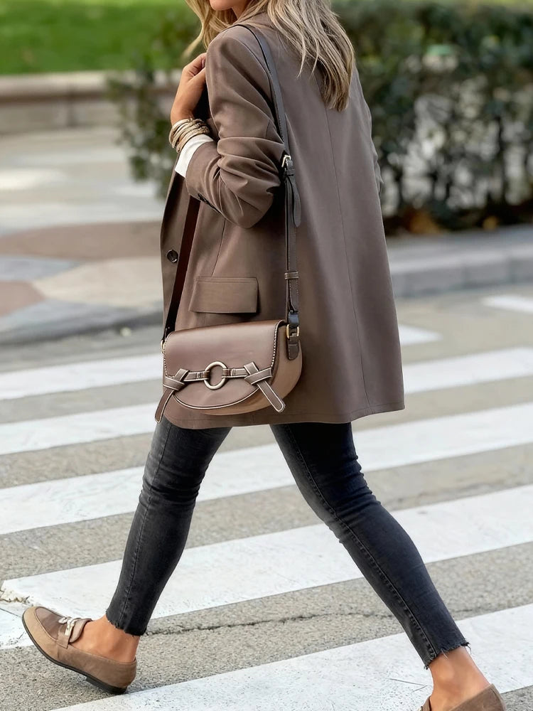 Fashionable Women's Brown Loose Blazer with Lapel and Pockets, Elegant Casual Office Everyday Jacket