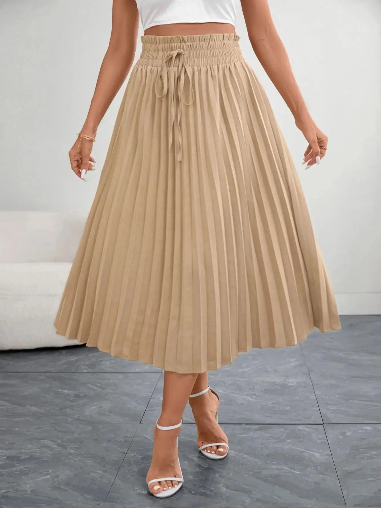 Women's Beige Pleated Midi Skirt Elegant a Line Half Skirt with Elastic Waistband Perfect for Office Wear
