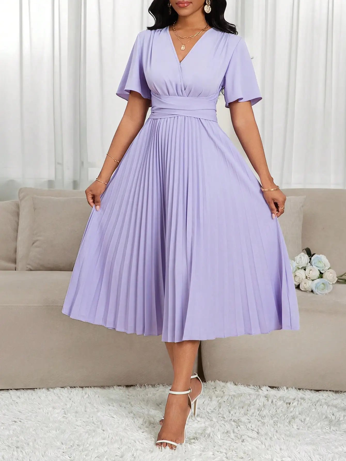 Lavender V-Neck Pleated Midi Dress with Flared Sleeves and Waist Tie