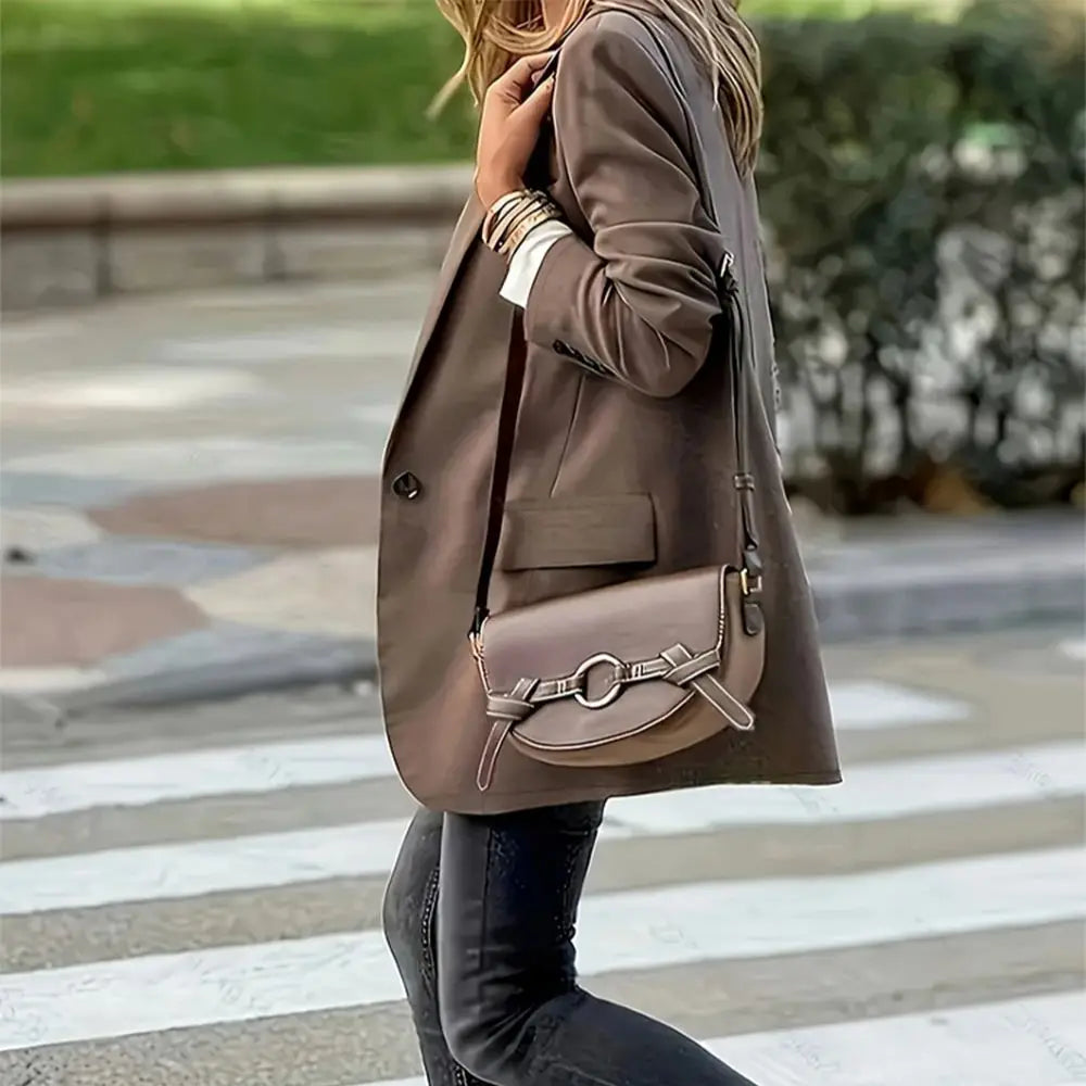 Fashionable Women's Brown Loose Blazer with Lapel and Pockets, Elegant Casual Office Everyday Jacket