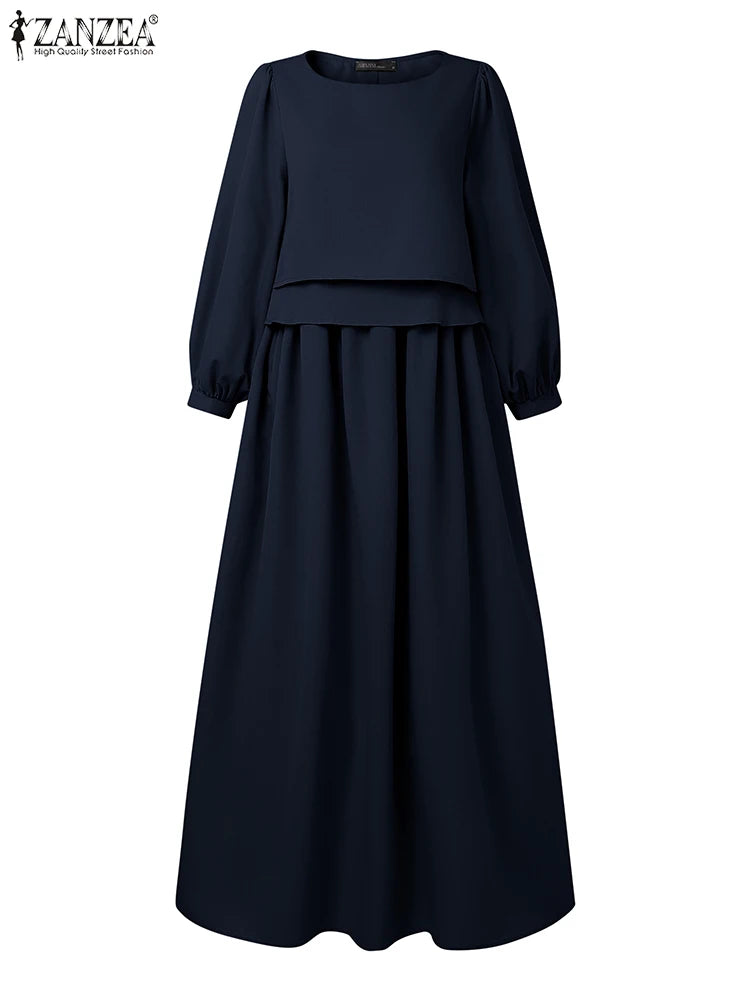 ZANZEA Womens Casual Chic Maxi Dresses Boatneck Lantern Sleeve Fake Two-Piece Solid Color A-Line Long Dress Autumn Retro Clothes