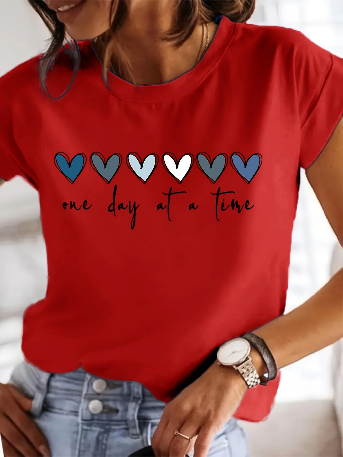 Women'S Casual Graphic T-Shirt - It'S One Day at a Time Heart Print, Short Sleeve Round Neck Top for Spring & Summer