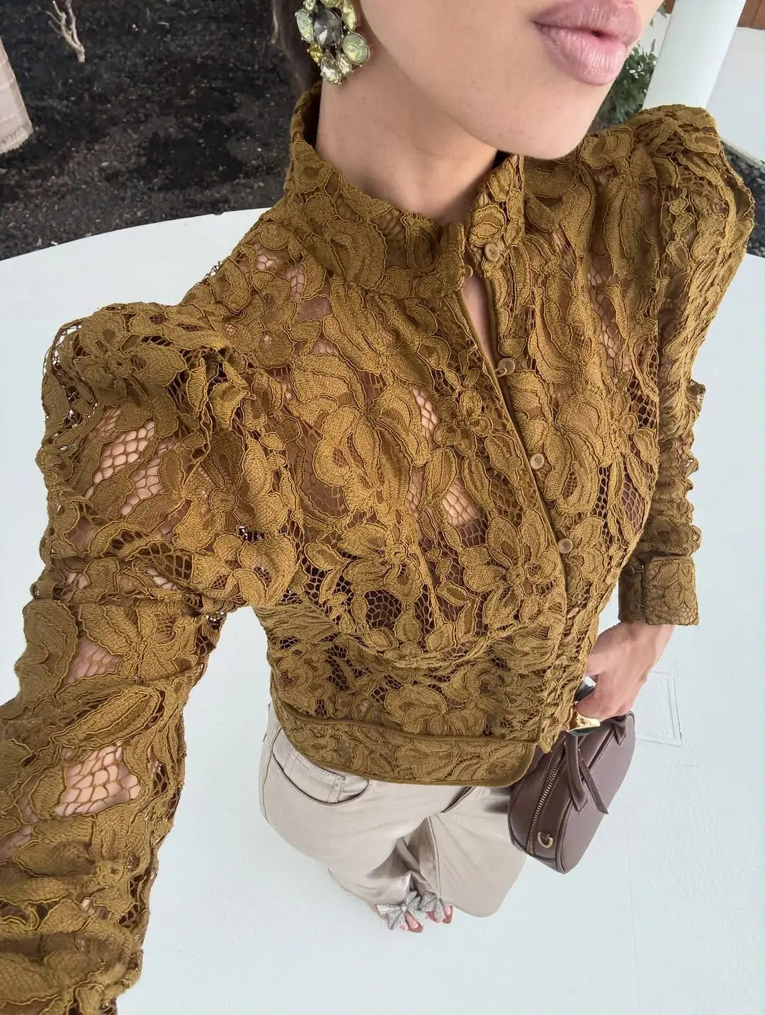 2026 Spring New See Through Lace Shirt Women Solid O Neck Long Sleeve Single Breasted Shirts Fashion New Female Blouse Tops
