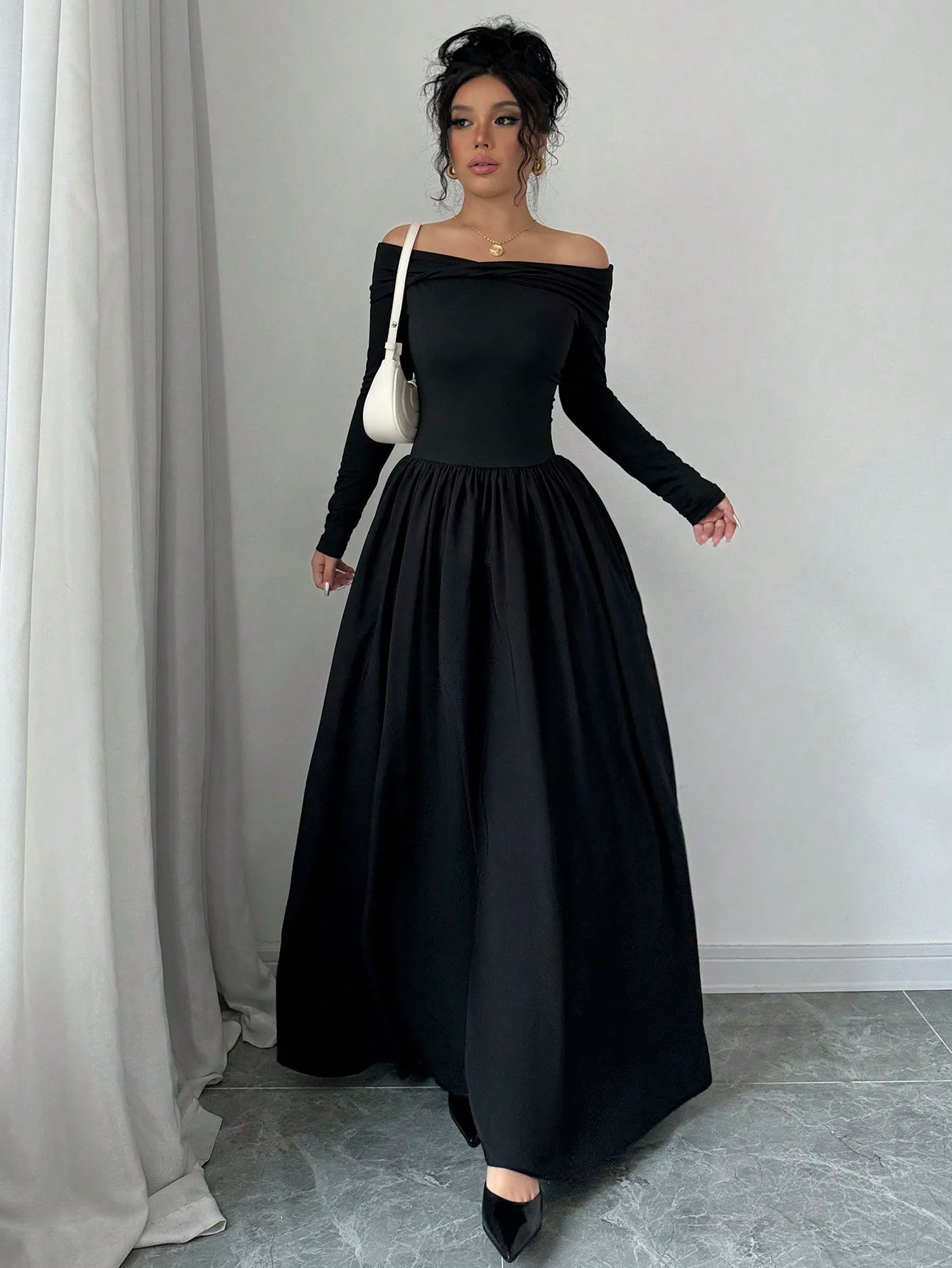 Black Off-Shoulder Long Sleeve A-Line Maxi Dress with Front Twist and Pockets