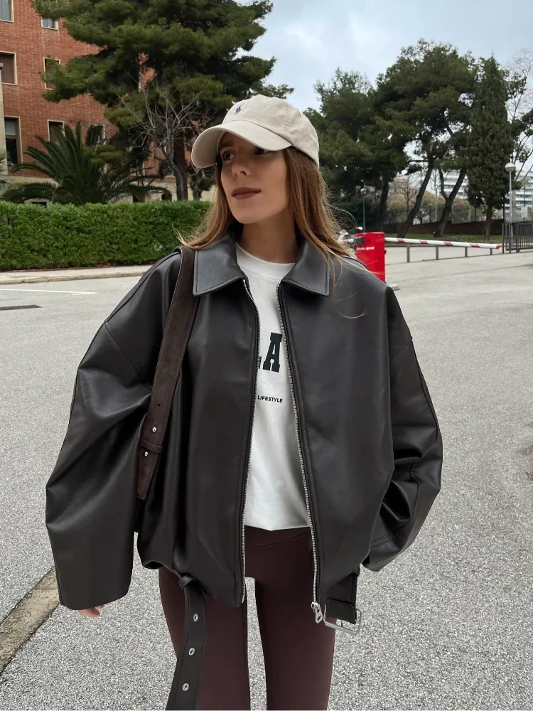 Casual Lapel Zipper Waist Belt Short Leather Jacket 2026 Women Loose Solid Pocket Pu Coat Autumn Lady Daily Highstreet Jackets