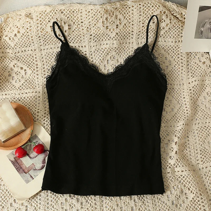 ITOOLIN Summer Women Solid Backless Tank Top With Bra Pad Lace Patchwork Spaghetti Sexy Crop Top Sweet Backless Cotton Camis Top