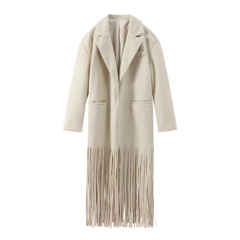 Vintage Tassel Solid Suit Trench Women Casual Lapel Single Button Long Tassels Jackets Coat Female Winter Chic Design Outwear