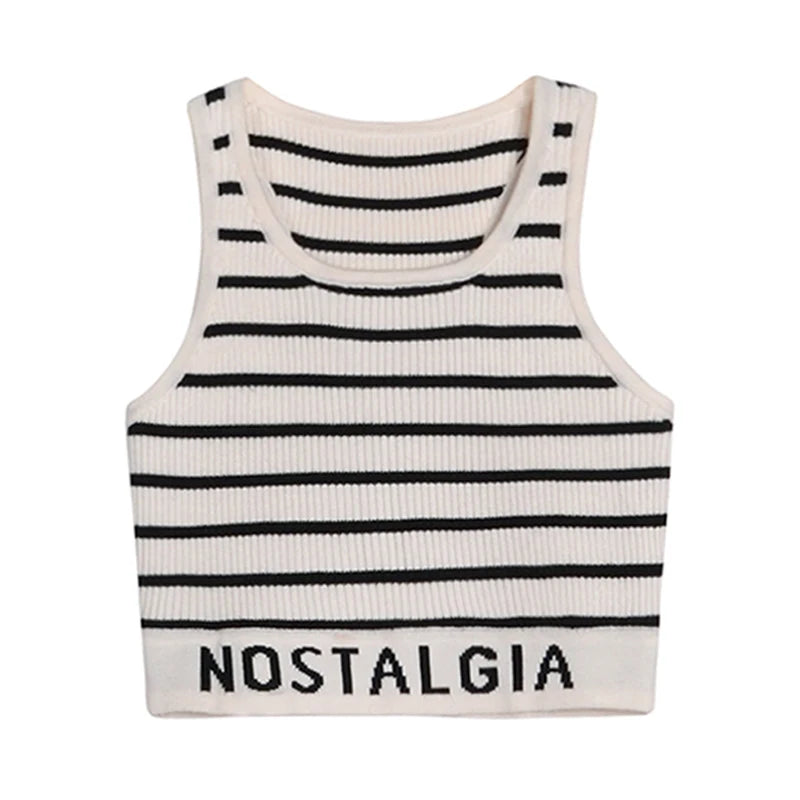 ITOOLIN Women Stripes Sexy Slim Crop Top Letter Printed Sports Tank Top Y2k Sleeveless Street Camis Beach Top Spring Summer