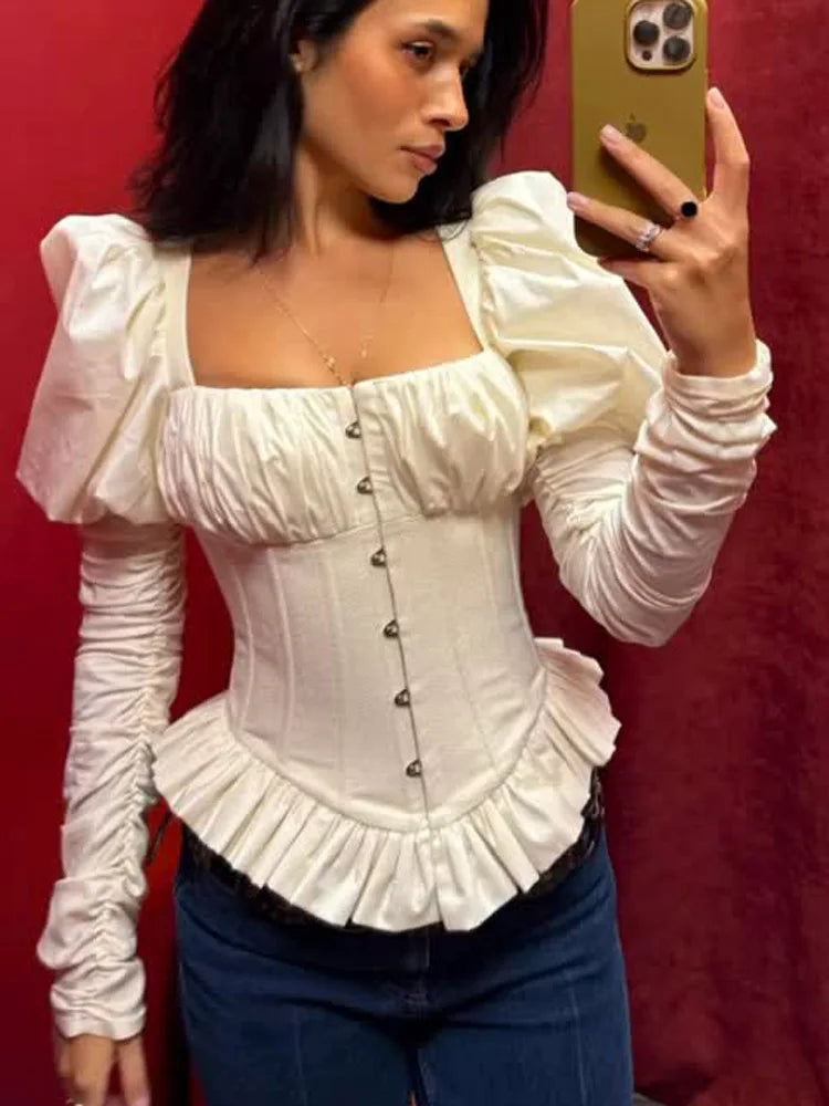 Spring Elegant Fishbone Pleated Shirt Women French Square Neck Puff Long Sleeves Backless Slim Blouses 2026 Lady Club Party Tops