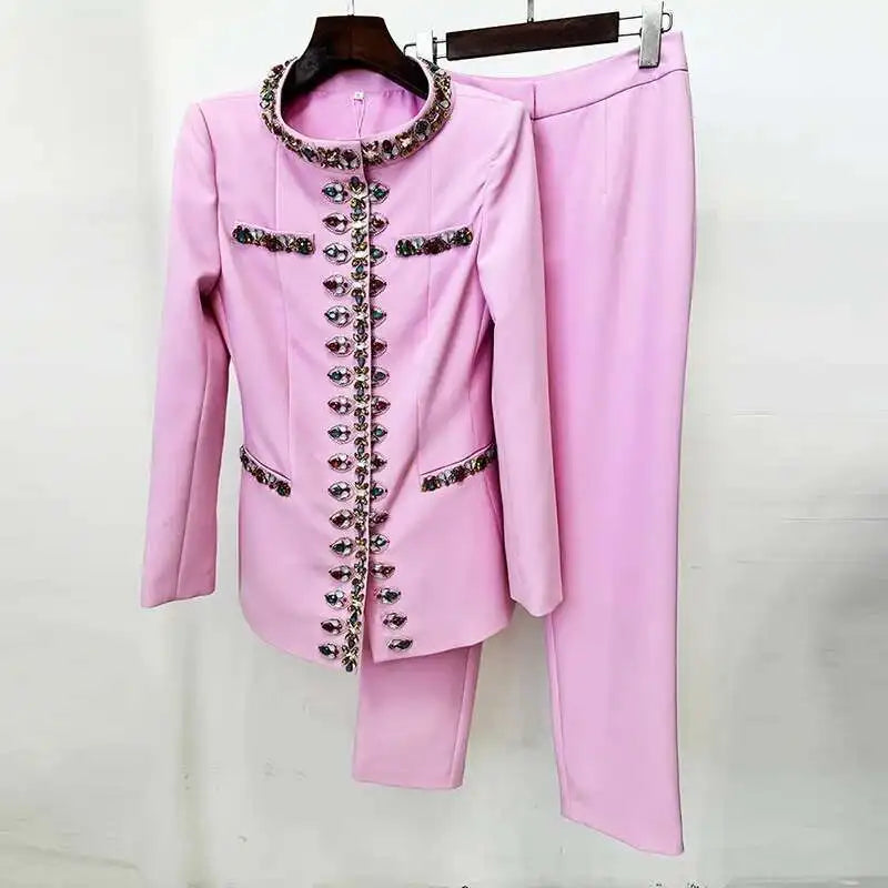 Luxury 2026 Spring Crystal Pants Suits Two Piece Sets Women's Blazers Long Trousers Pink Suit Coats Wide Leg Pants 2pcs Outfits