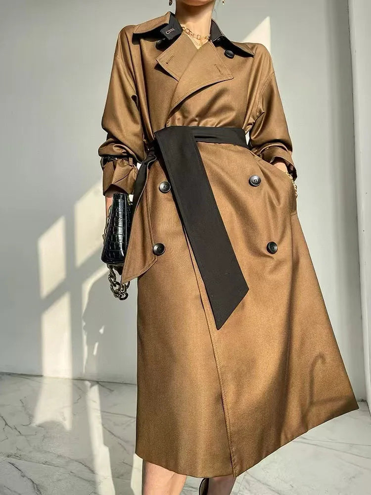 Autumn women's solid color mid-length trench coat