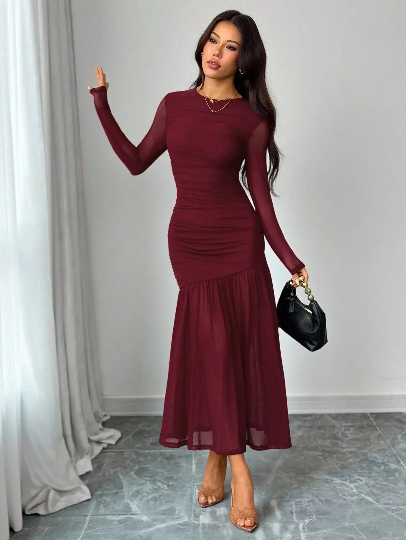 Burgundy Long Sleeve Round Neck Mesh Midi Dress with Ruched Bodice