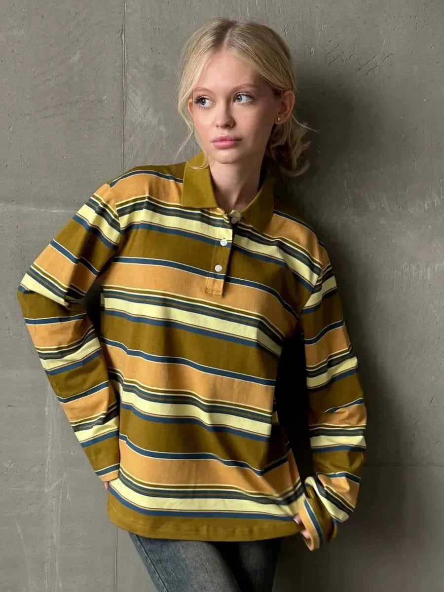 Autumn Casual Stripes Contrast Long-sleeved T-shirt Women Button Lapel Polo Shirt Tshirts New Streetwear Retro Chic Tops 2025