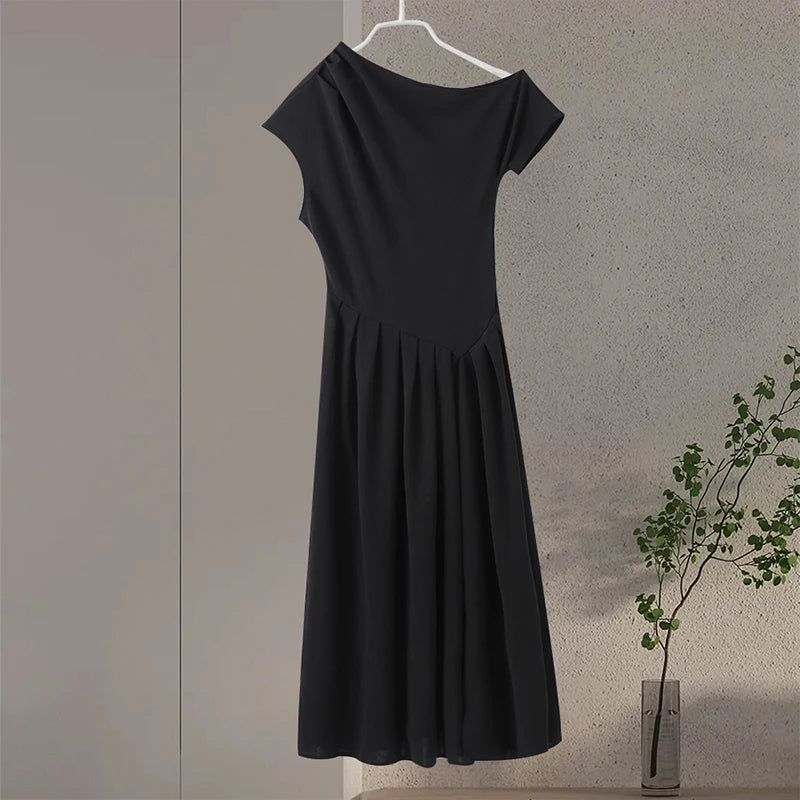 Elegant Long Dress Women Loose Skew Collar Sleeveless A Line Robe Female 2026 Spring Summer Solid Fashion High Waist Dress Lady