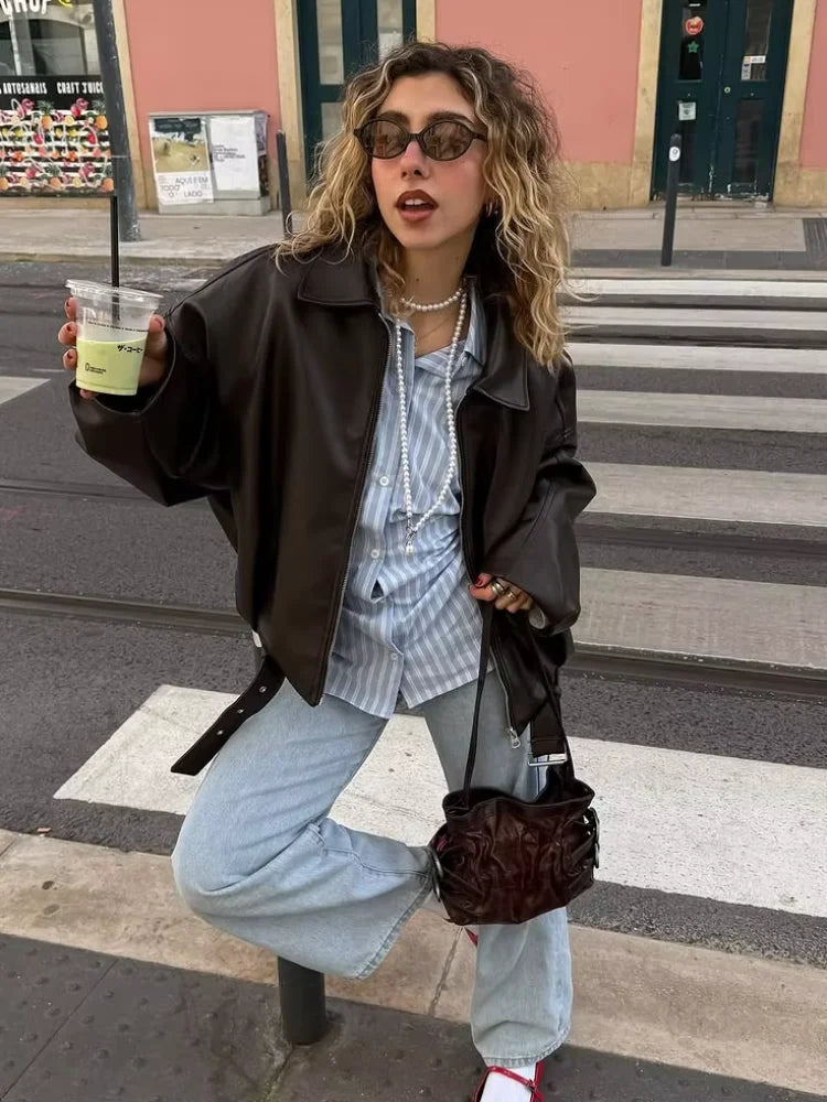 Casual Lapel Zipper Waist Belt Short Leather Jacket 2026 Women Loose Solid Pocket Pu Coat Autumn Lady Daily Highstreet Jackets