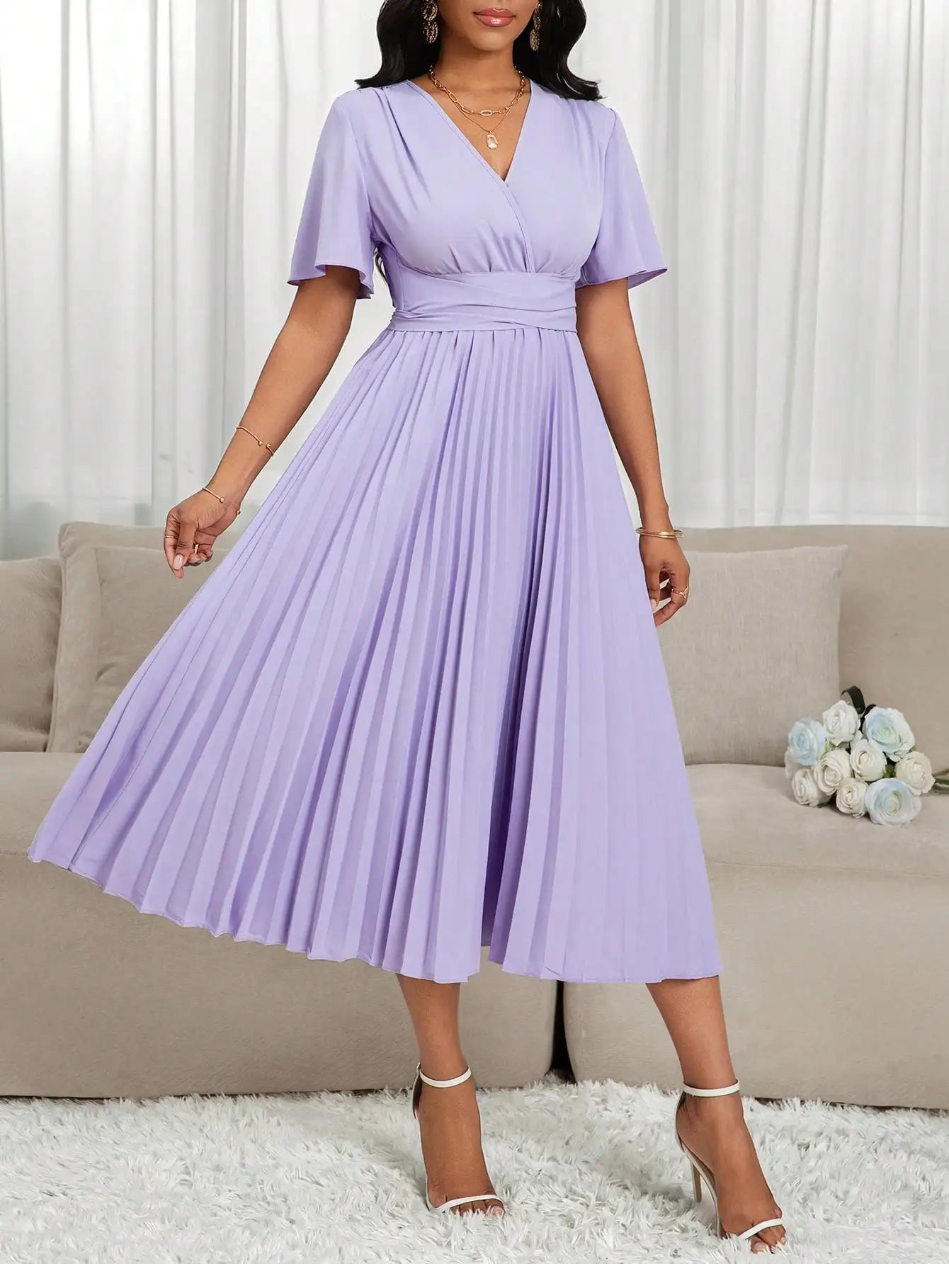 Lavender V-Neck Pleated Midi Dress with Flared Sleeves and Waist Tie