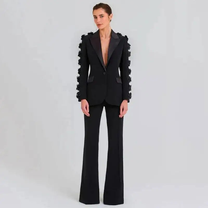 New Fashion High-End Suit Decorated with Flowers Women's Party Dress Long Pants Two-Piece Set