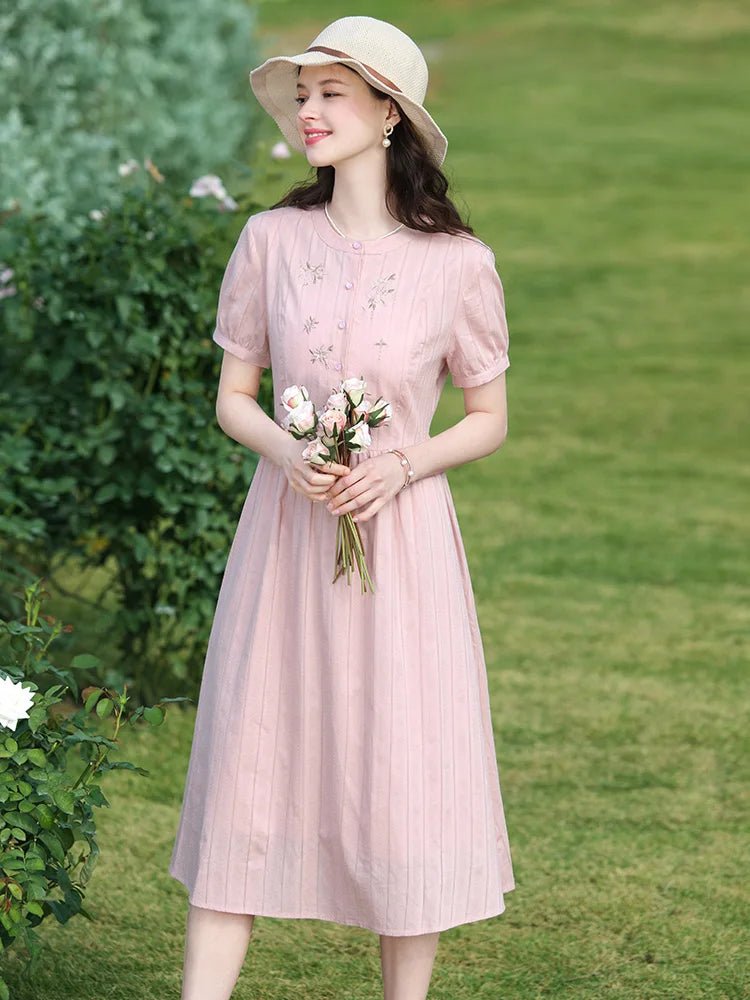 I BELIEVE YOU Women Dresses 2026 Summer Pink Embroidery Short Sleeve New Elegant Retro Slim Midi A-Line Chic Dress 2242055682