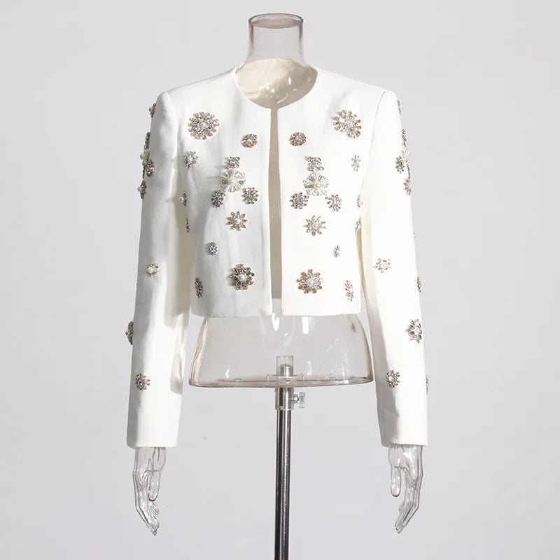 Brand Designer High Quality Beaded Diamonds Two Piece Women White Sets Jackets Suit Coats Long Pants Office Suits