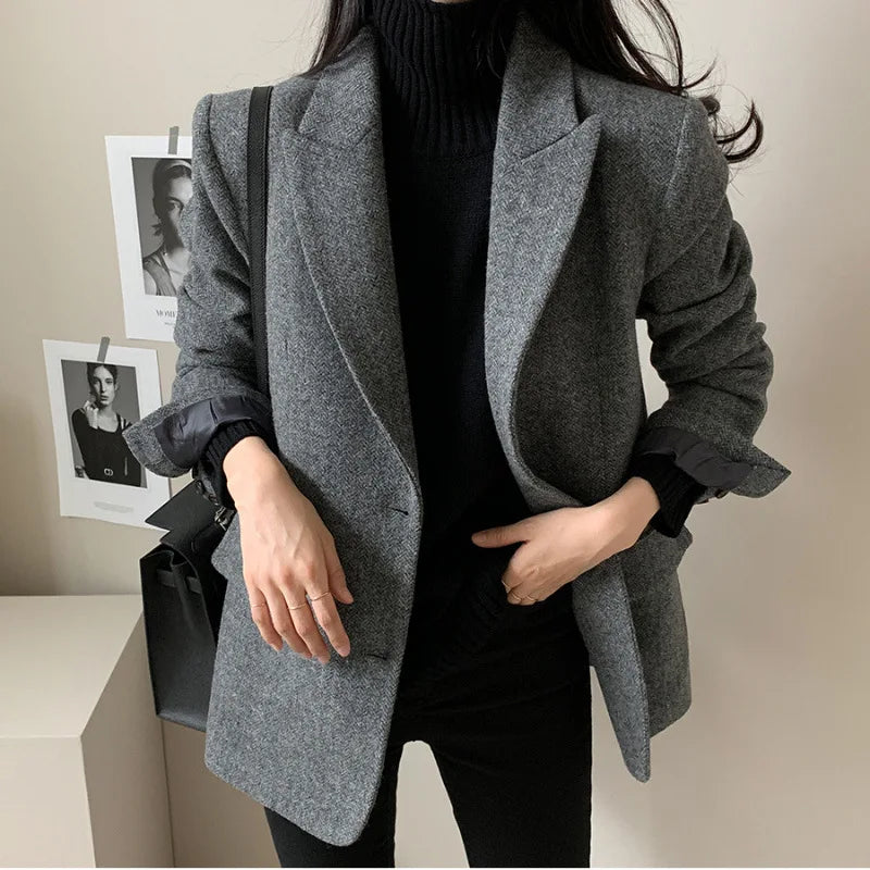 Retro Lapel Women's Blazer Spring Autumn Herringbone Woolen Long-Sleeved Suit Two-Button Loose Fit Coat for Women