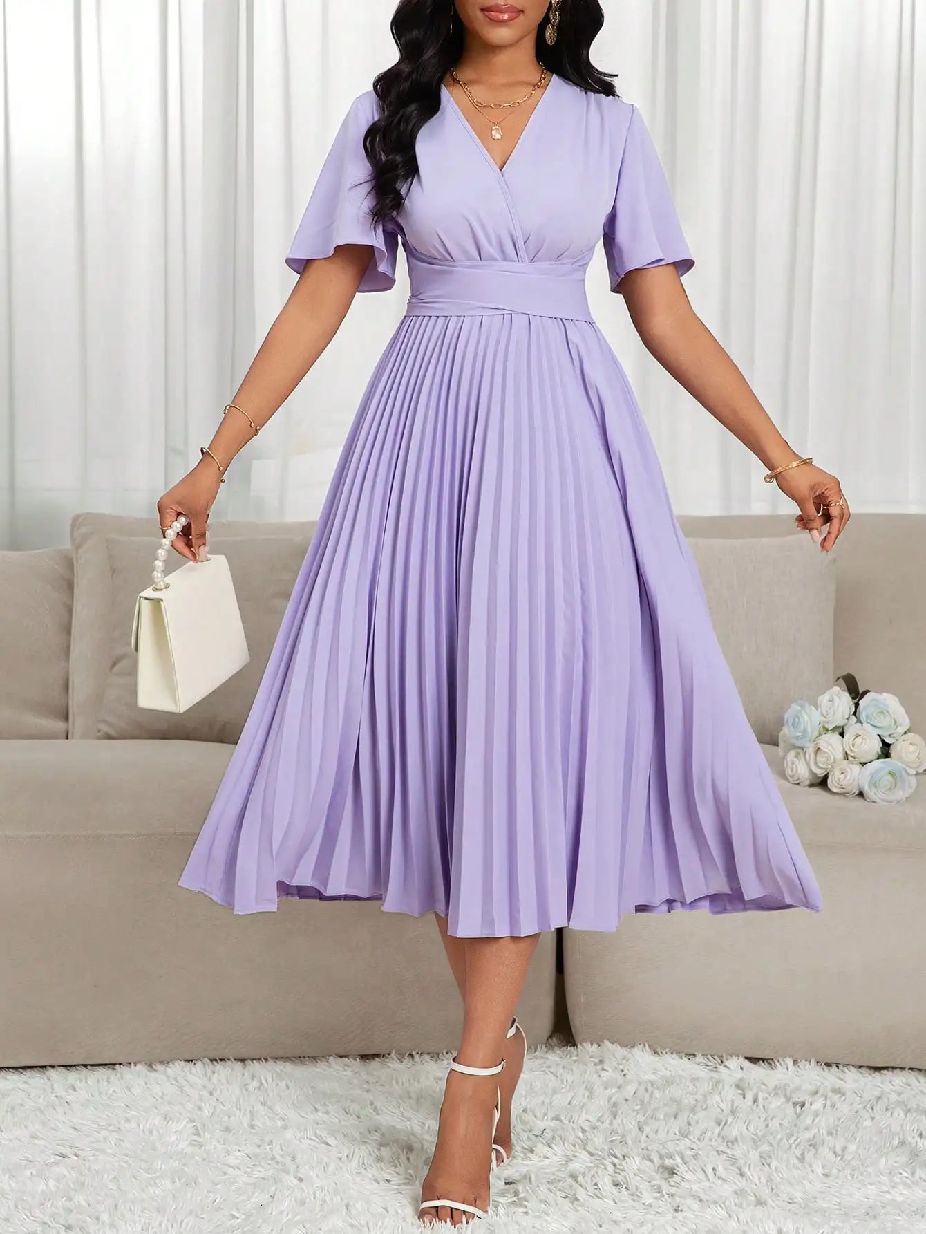 Lavender V-Neck Pleated Midi Dress with Flared Sleeves and Waist Tie