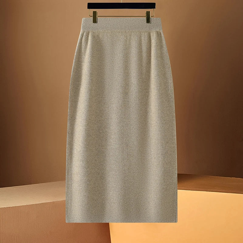 DjzDsm Spring and Autumn New Women's 100% Merino Wool Half Skirt High Waist Elastic Hip Wrap Skirt One Step Wool Knitted Skirt