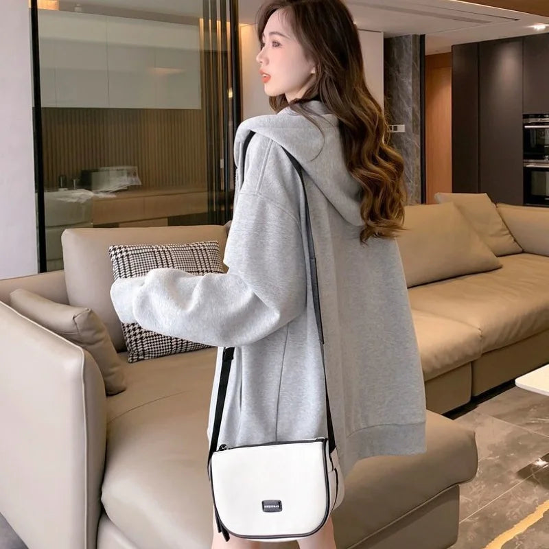 Women Embroidery Print Sporty Chic Hoodies Casual Zip Up Long Sleeve Loose Jacket Coats Harajuku Hooded Sweatshirts Streetwear