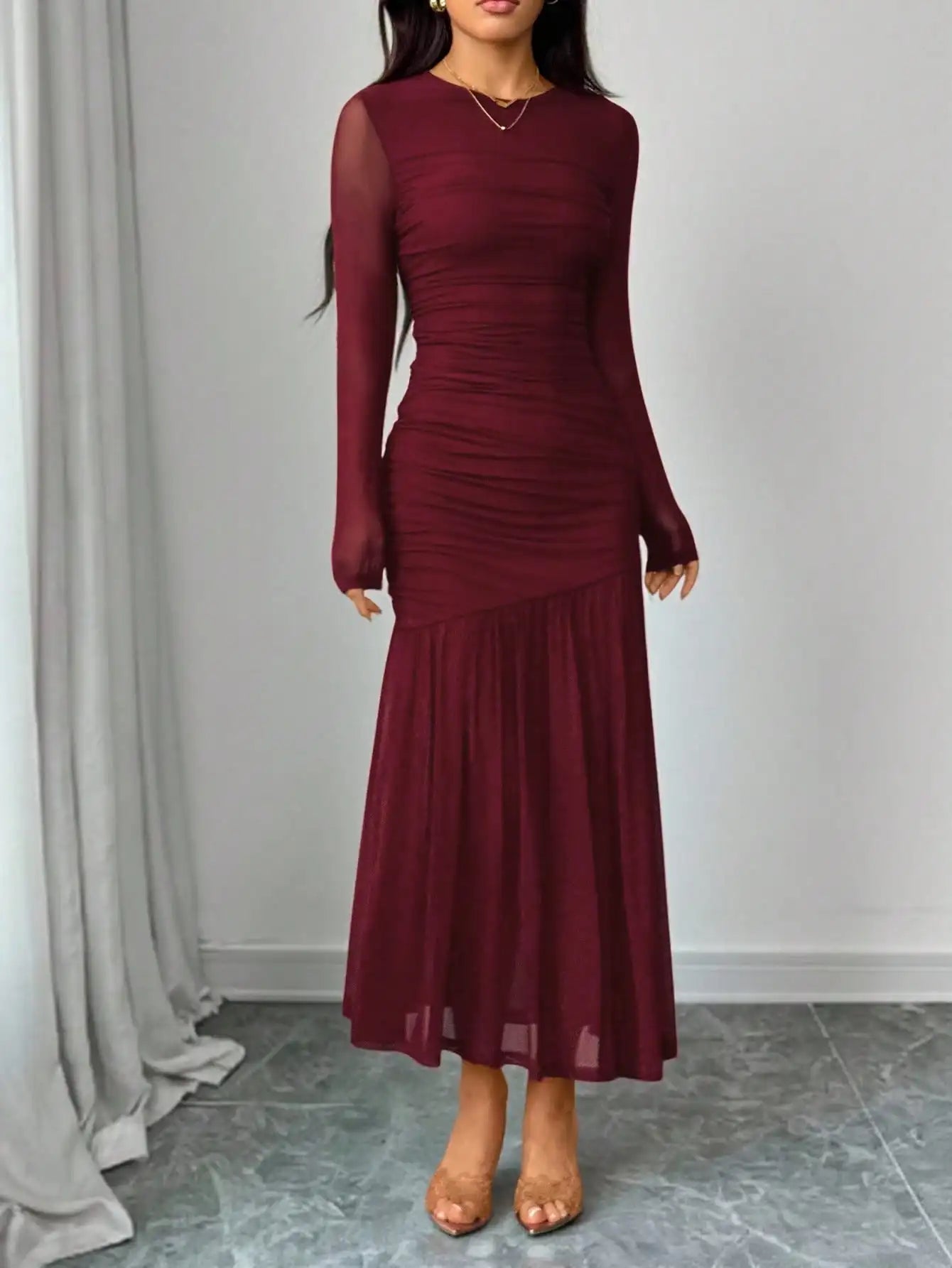 Burgundy Long Sleeve Round Neck Mesh Midi Dress with Ruched Bodice