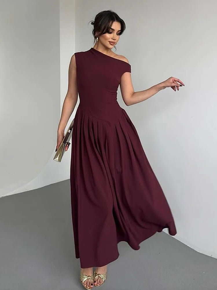 Elegant Long Dress Women Loose Skew Collar Sleeveless A Line Robe Female 2026 Spring Summer Solid Fashion High Waist Dress Lady