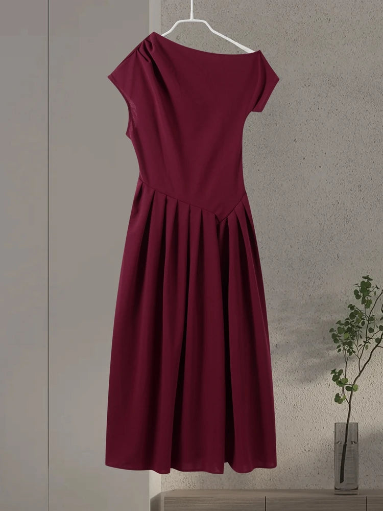Elegant Long Dress Women Loose Skew Collar Sleeveless A Line Robe Female 2026 Spring Summer Solid Fashion High Waist Dress Lady
