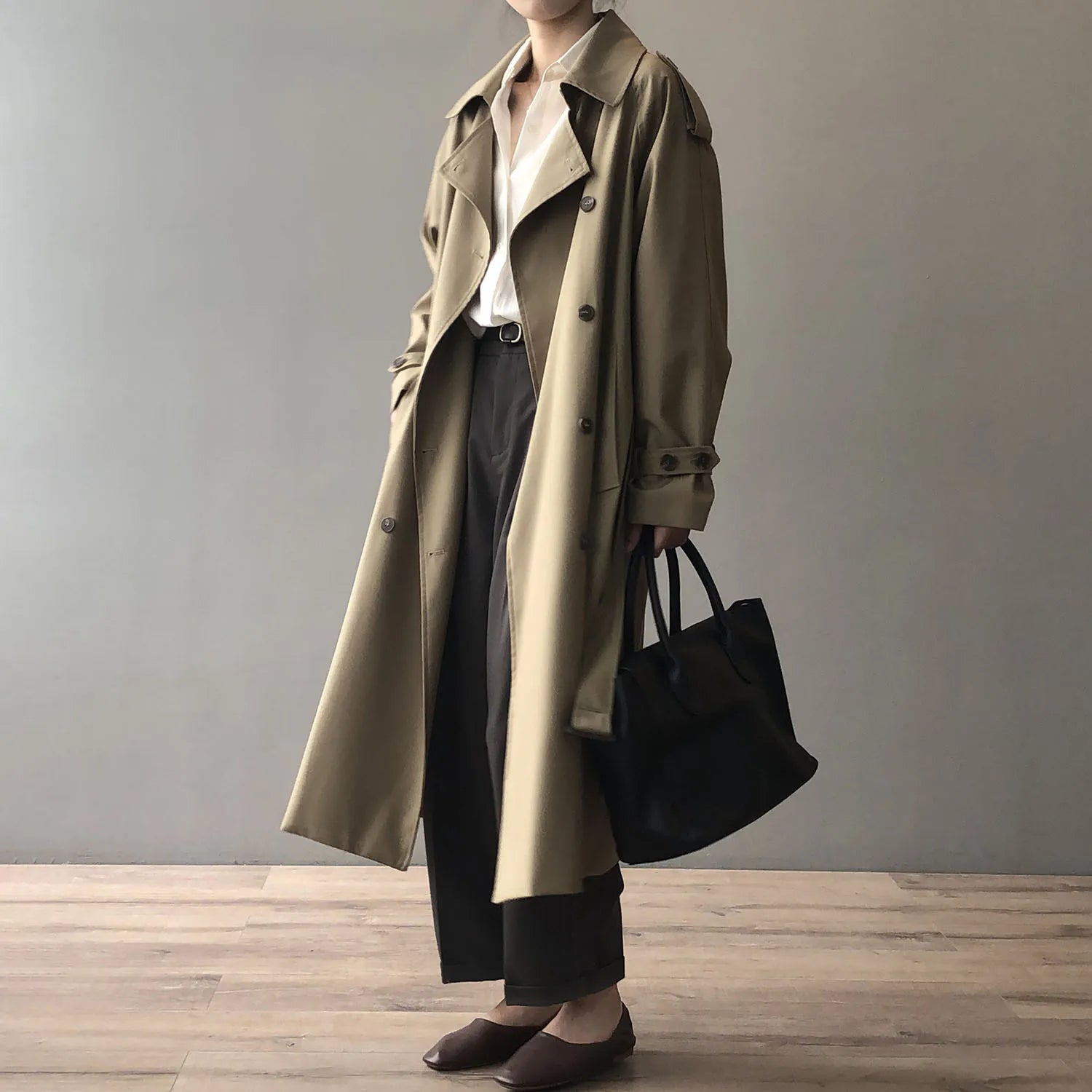 Women's Long Trench Coat, Loose Waist, Double Breasted, Casual Jacket, Spring And Autumn, Temperament Trench,