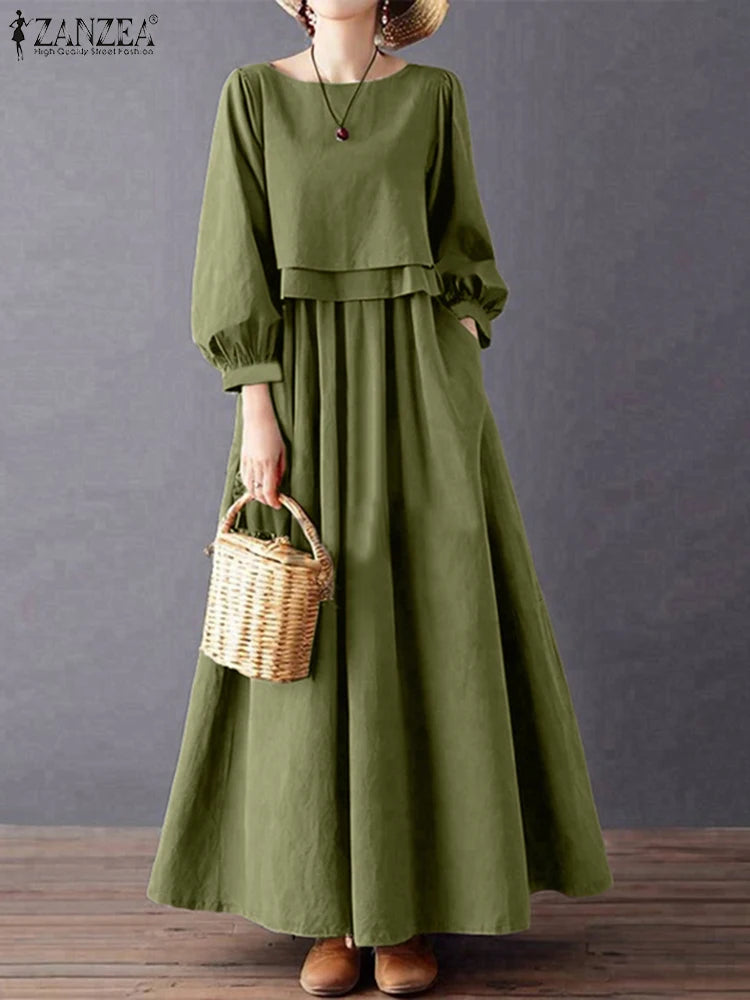 ZANZEA Womens Casual Chic Maxi Dresses Boatneck Lantern Sleeve Fake Two-Piece Solid Color A-Line Long Dress Autumn Retro Clothes