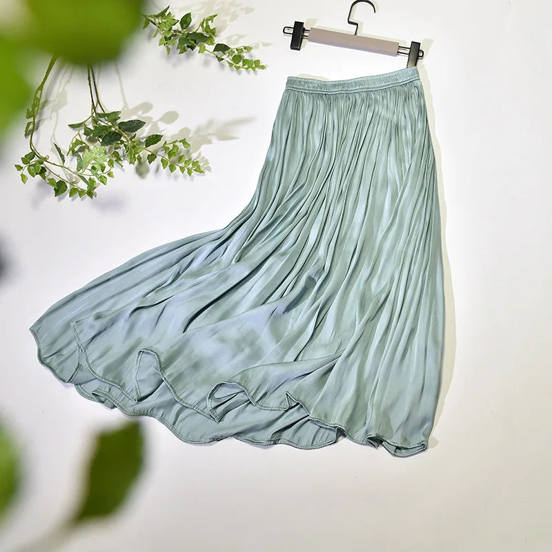 Summer Silky Skirt Elastic High Waist Glossy Silky Long Skirt Milk Silk A-line Long Skirts Women Beach Pearlescent Dress