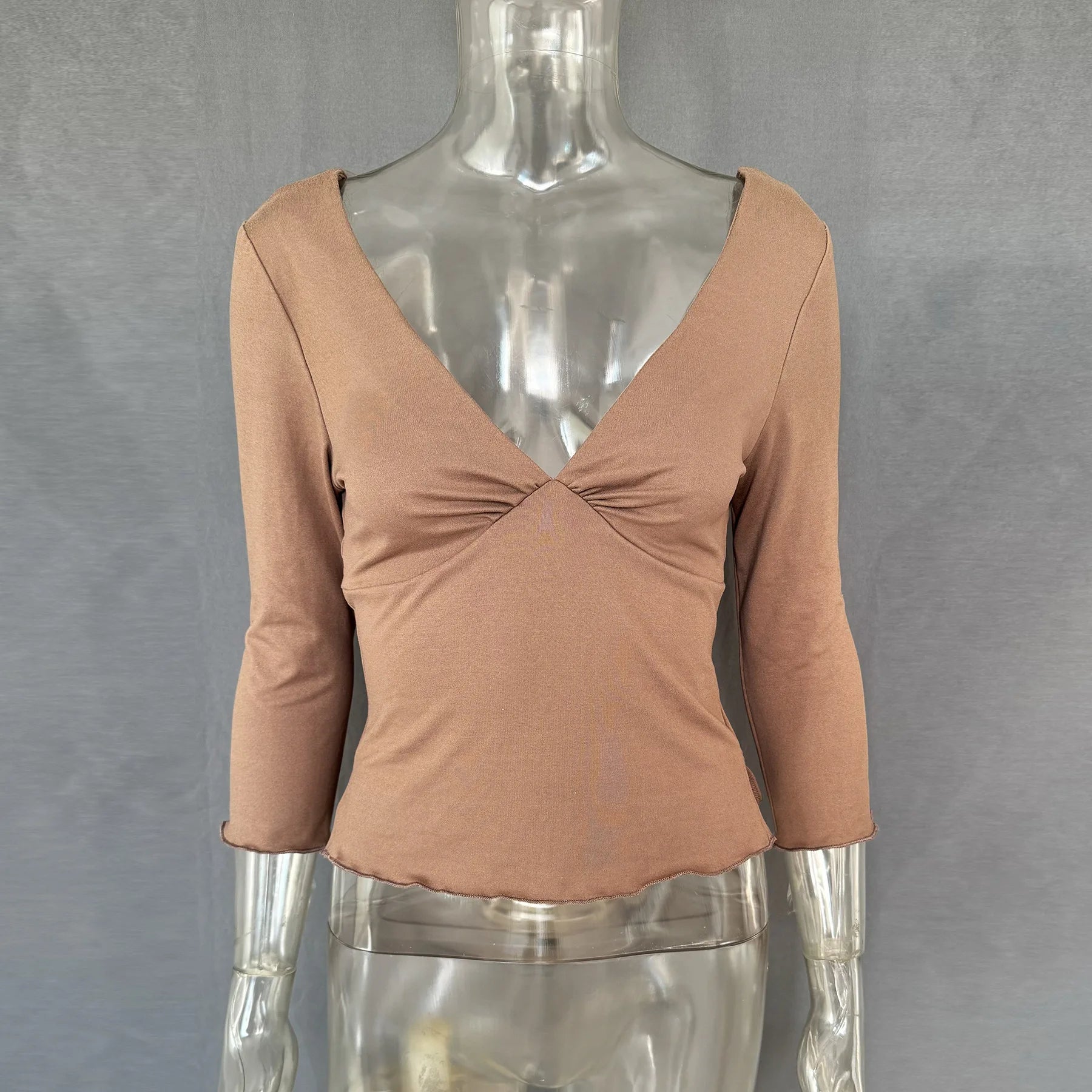 Sexy Deep V-Neck Half Sleeve T-Shirt Women Backless Split Slim Solid Tshirts 2026 Spring Summer Casual Pink Streetwear Crop Tops