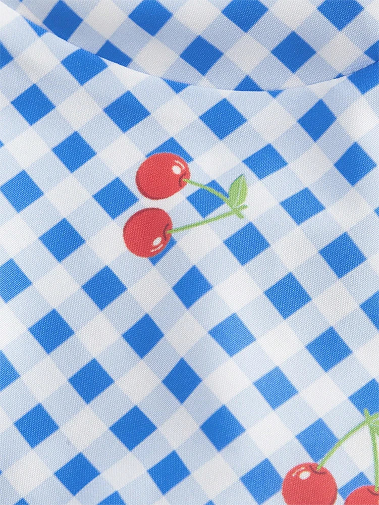 Women's Blue and White Checkered Cherry Print Two-Piece Set: Camisole Top + Flared Mini Skirt Sweet Retro Vacation Outfit